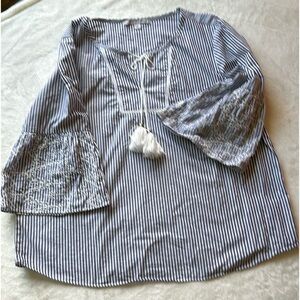Marc New York Blue & White Stripe Tunic Bell Sleeve and Tassel Ties. Sz L